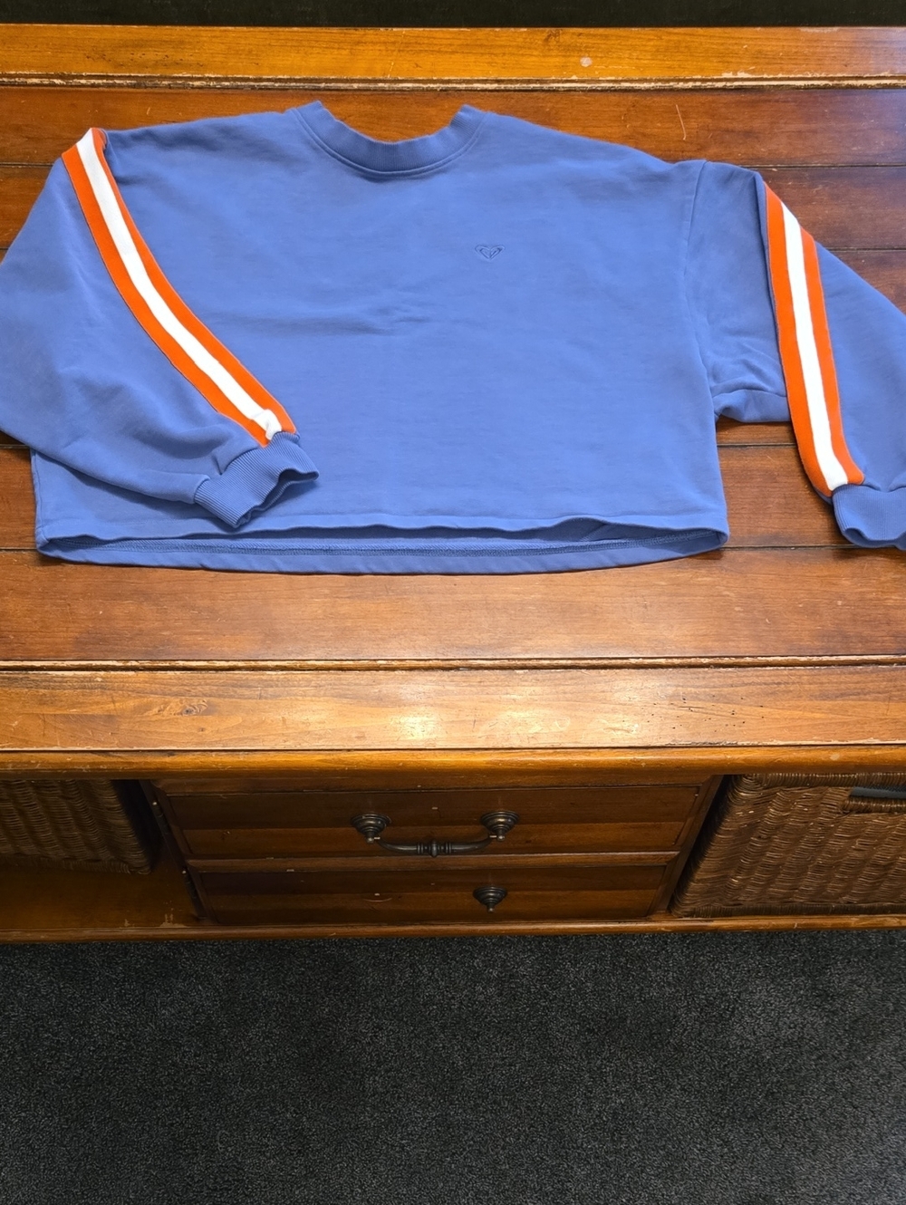 Roxy Blue Cropped Crewneck Sweatshirt with Orange and White Sleeve Stripes
